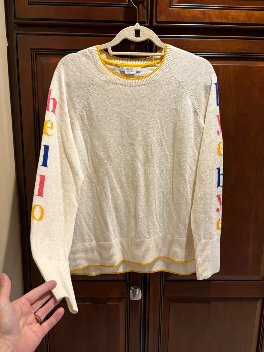 Boden Cream Crewneck Sweater with Multicolor Sleeve Letters - M - Picture 5 of 6